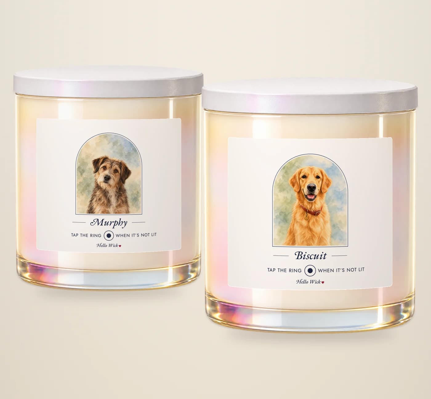 A Hello Wick candle labelled Biscuit with a watercolour of the dog in an arch, its lid leaning beside it