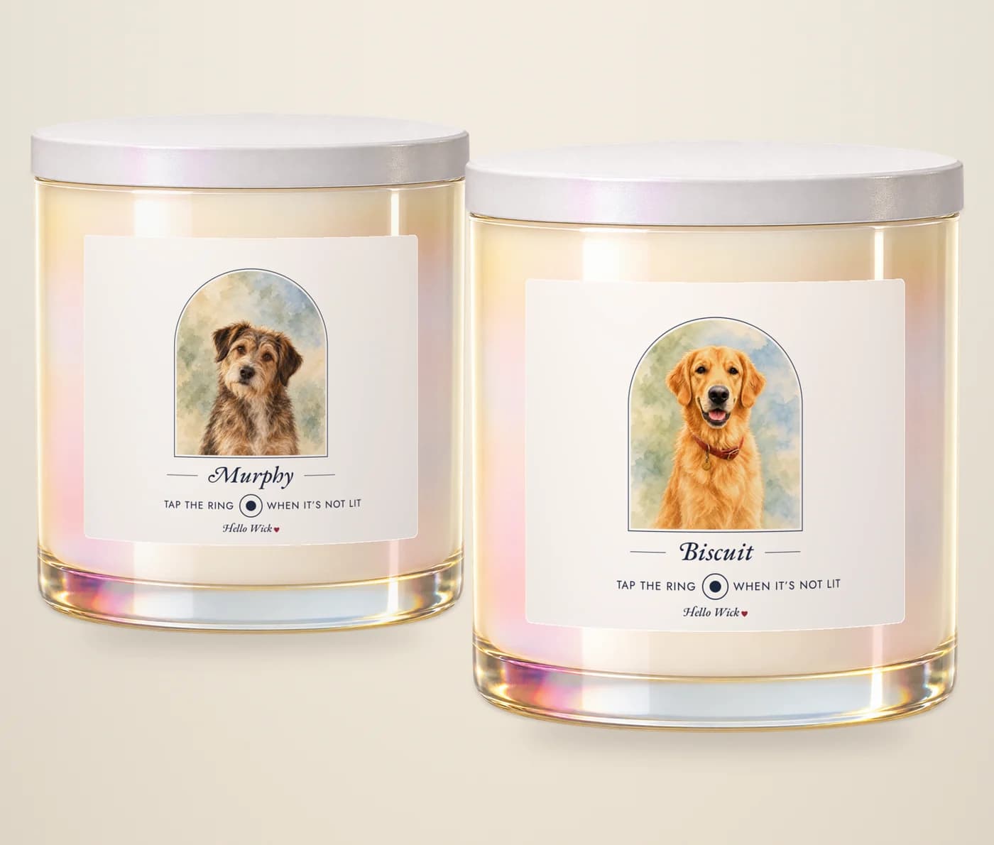 A Hello Wick candle labelled Biscuit with a watercolour of the dog in an arch, its lid leaning beside it