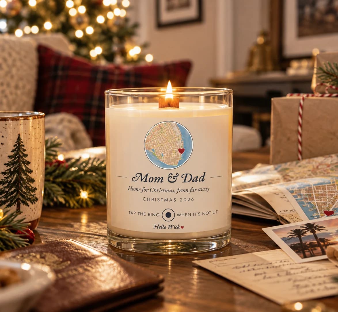 A lit Hello Wick candle labelled Mom & Dad, home for Christmas from far away, with a round map and a heart, on a table at their home beside an open map, letters and a postcard of palm trees