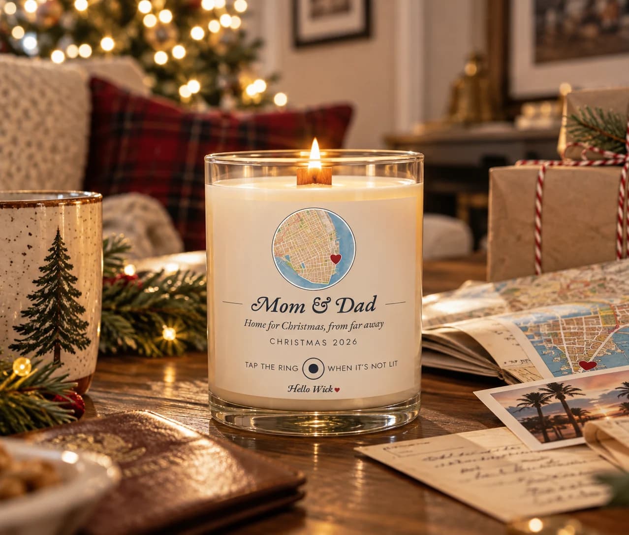 A lit Hello Wick candle labelled Mom & Dad, home for Christmas from far away, with a round map and a heart, on a table at their home beside an open map, letters and a postcard of palm trees