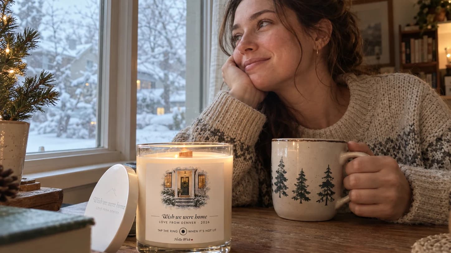 A woman far from home by a snowy window, a lit Hello Wick candle beside her