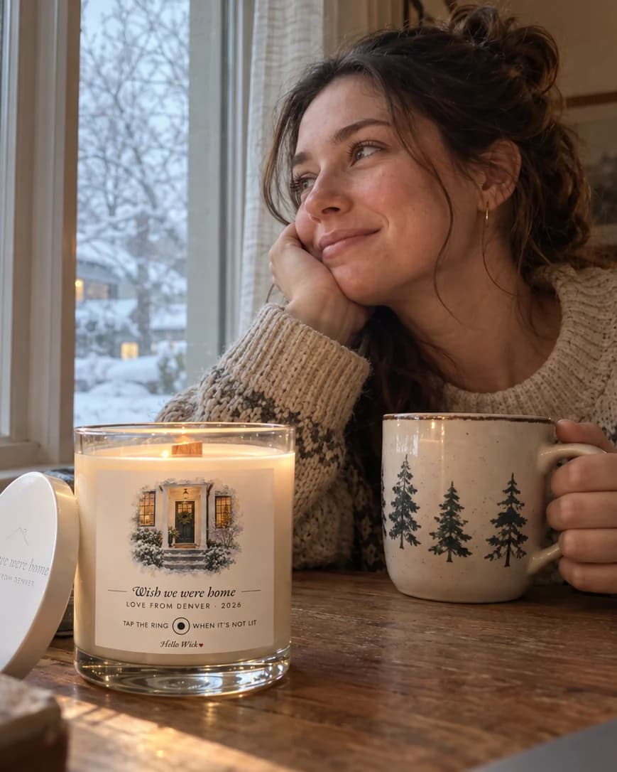 A woman far from home by a snowy window, a lit Hello Wick candle beside her