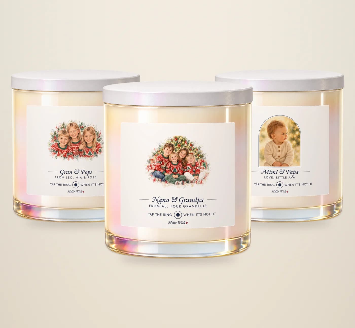 Three Hello Wick candles for three sets of grandparents, each with their grandkids on the label: Nana & Grandpa with four grandkids, Gran & Pops with three, and Mimi & Papa with baby Ava