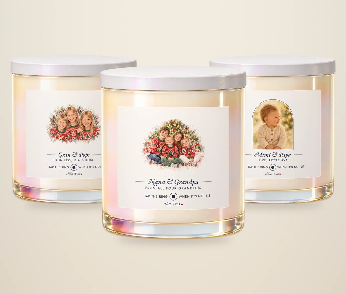 Three Hello Wick candles for three sets of grandparents, each with their grandkids on the label: Nana & Grandpa with four grandkids, Gran & Pops with three, and Mimi & Papa with baby Ava