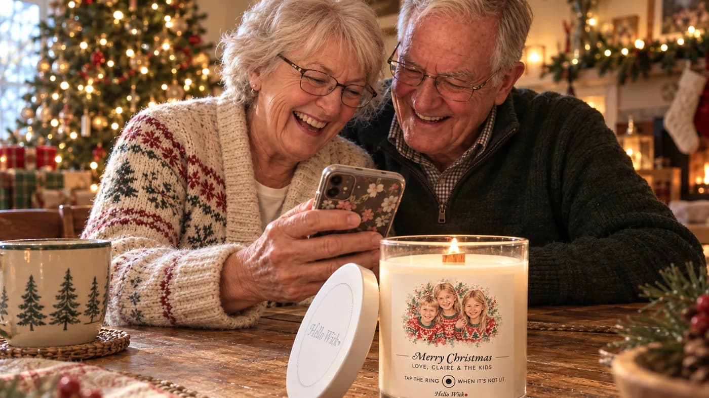 Grandparents by the Christmas tree laughing at a phone, a lit Hello Wick candle labelled Merry Christmas from the grandkids beside them, its engraved lid leaning on it