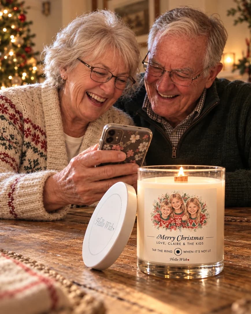 Grandparents by the Christmas tree laughing at a phone, a lit Hello Wick candle labelled Merry Christmas from the grandkids beside them, its engraved lid leaning on it