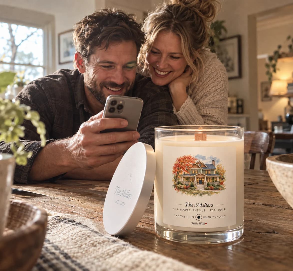 A young couple at their new kitchen table smiling at a phone, a lit Hello Wick candle labelled The Millers beside them, its lid engraved with the house
