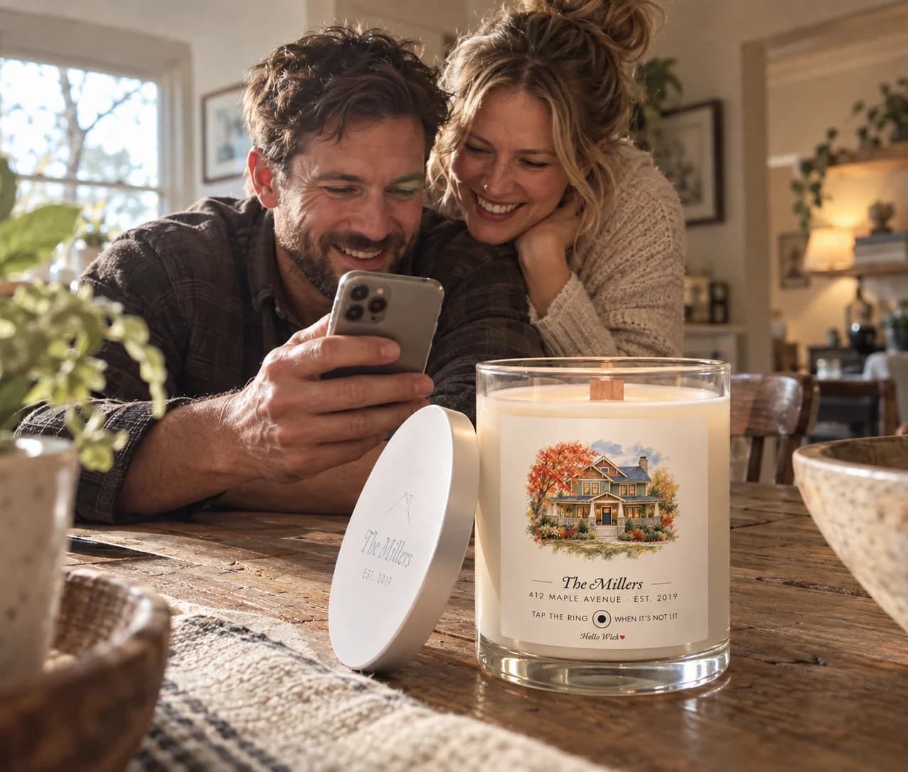A young couple at their new kitchen table smiling at a phone, a lit Hello Wick candle labelled The Millers beside them, its lid engraved with the house