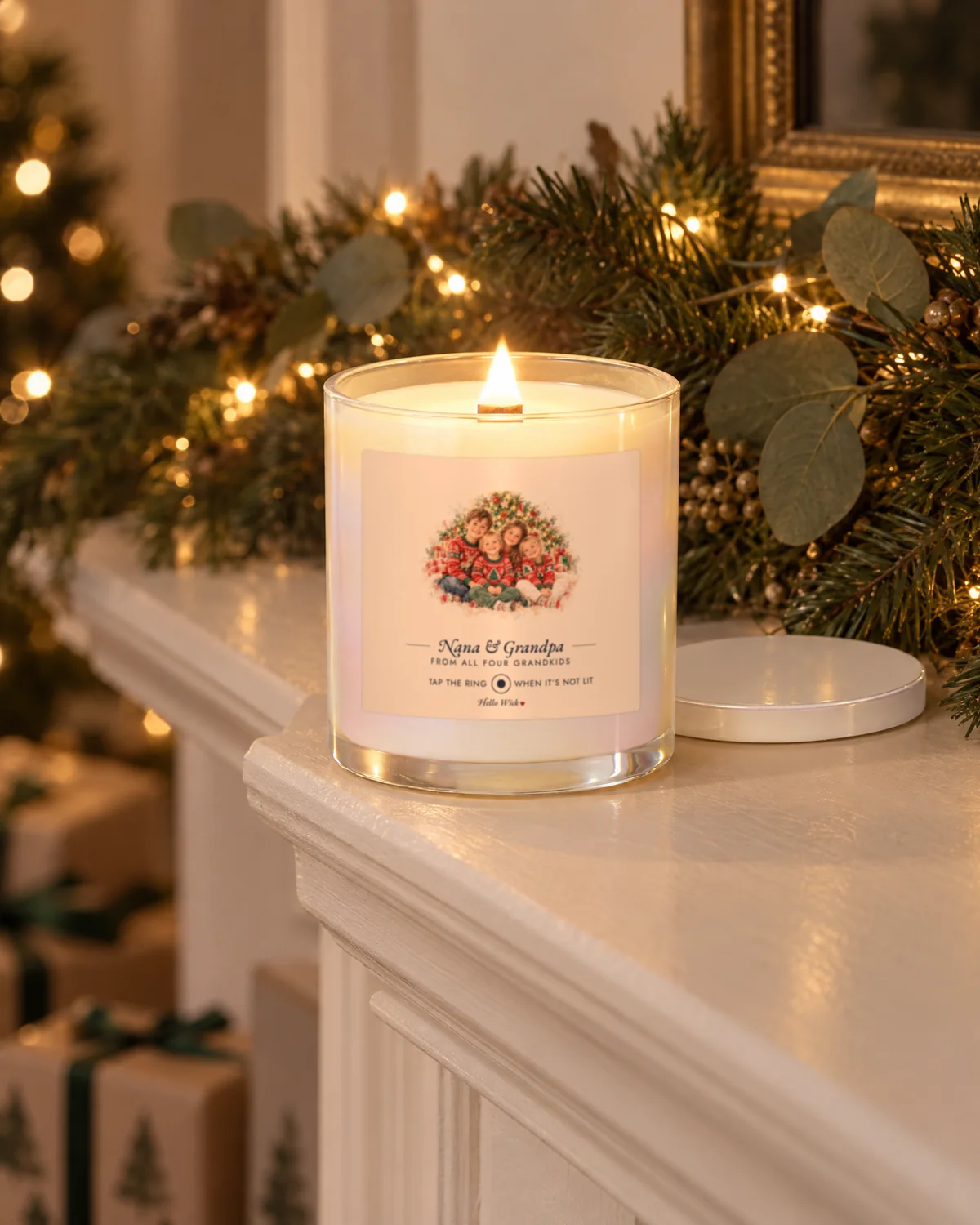 Placeholder photo: a lit Hello Wick candle labeled Nana & Grandpa on a mantel with garland