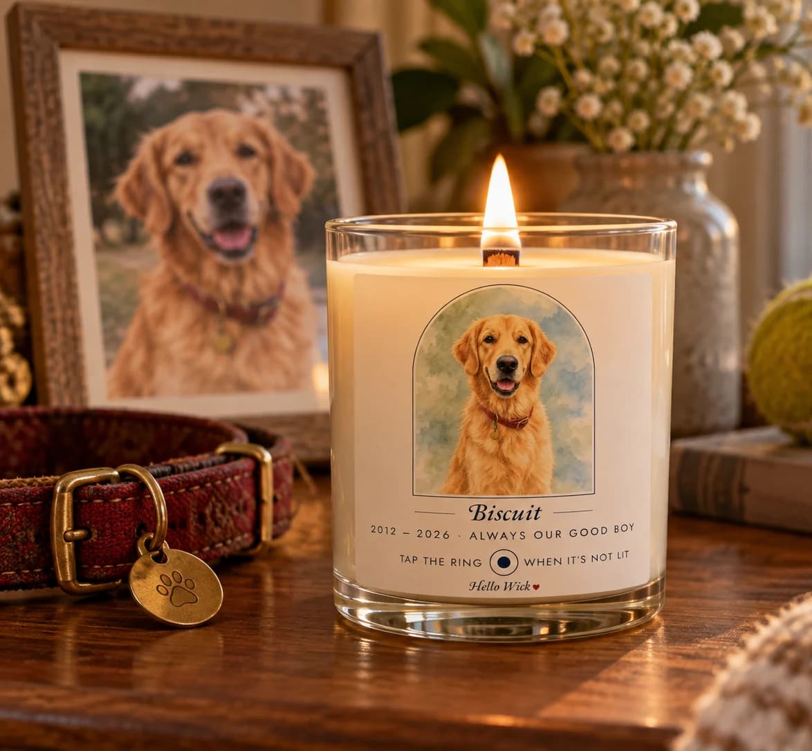 A lit Hello Wick memorial candle for Biscuit, 2012 to 2026, beside his framed photo, his red collar and an old tennis ball, at golden hour