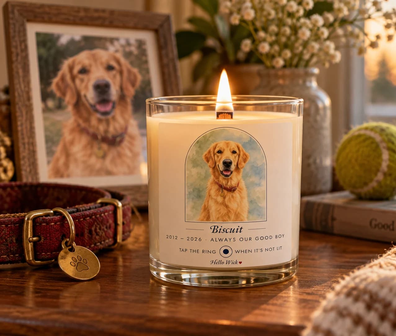 A lit Hello Wick memorial candle for Biscuit, 2012 to 2026, beside his framed photo, his red collar and an old tennis ball, at golden hour