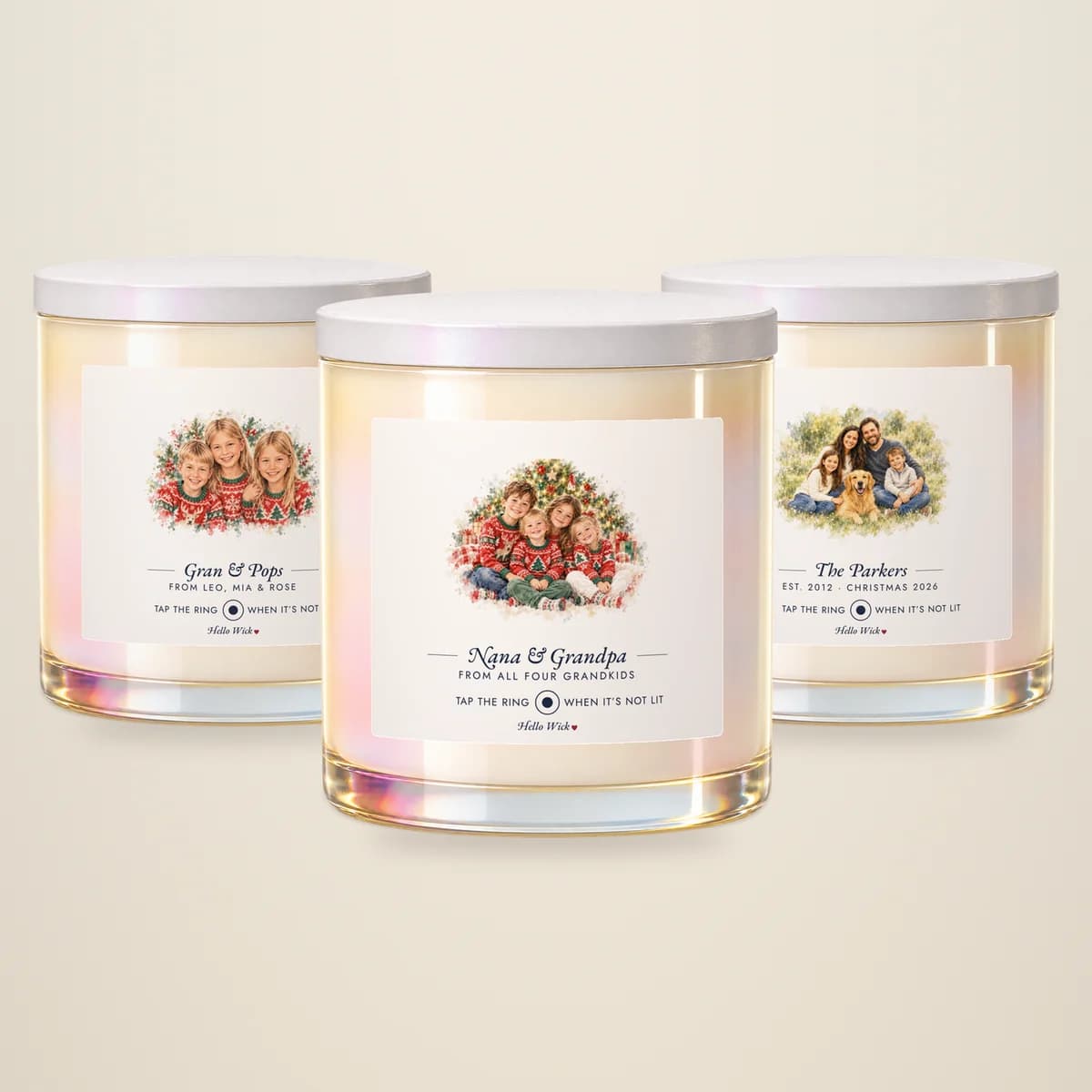 Three candles: 3 Hello Wick candles, each with its own label