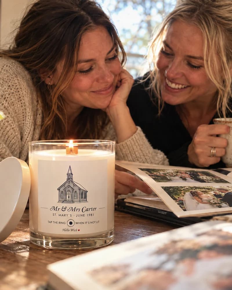 Two grown daughters at a sunlit table over their parents' wedding album, a lit Hello Wick candle labeled Mr & Mrs Carter beside them