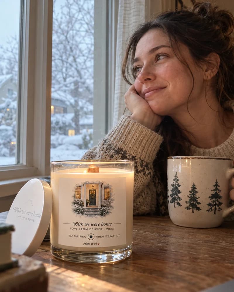 A woman far from home daydreaming by a snowy window, a lit Hello Wick candle labeled Wish we were home beside her, its engraved lid leaning on it