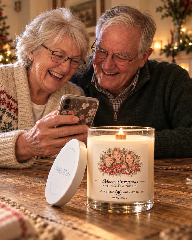 Grandparents by the Christmas tree laughing at a phone, a lit Hello Wick candle from the grandkids beside them, its engraved lid leaning on it