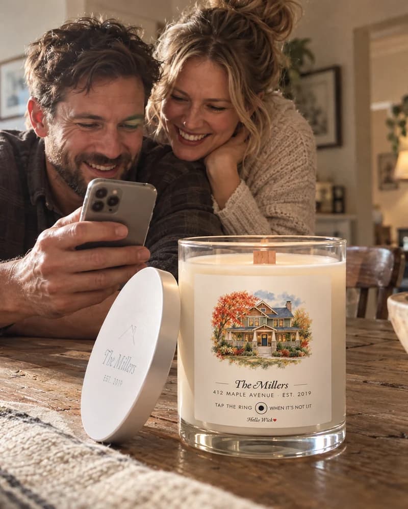 A young couple at their new kitchen table smiling at a phone, a lit Hello Wick candle labeled The Millers beside them, its engraved lid leaning on it